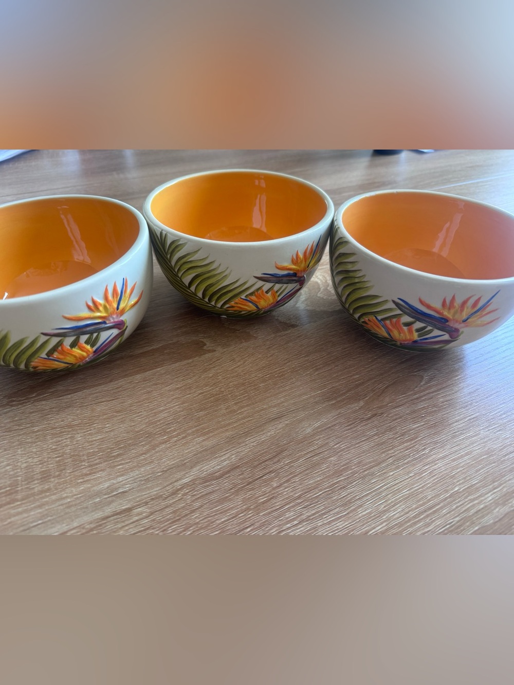 3- Tommy Bahama Ceramic Tropical Bird of Paradise Bowl - White, Orange & Green